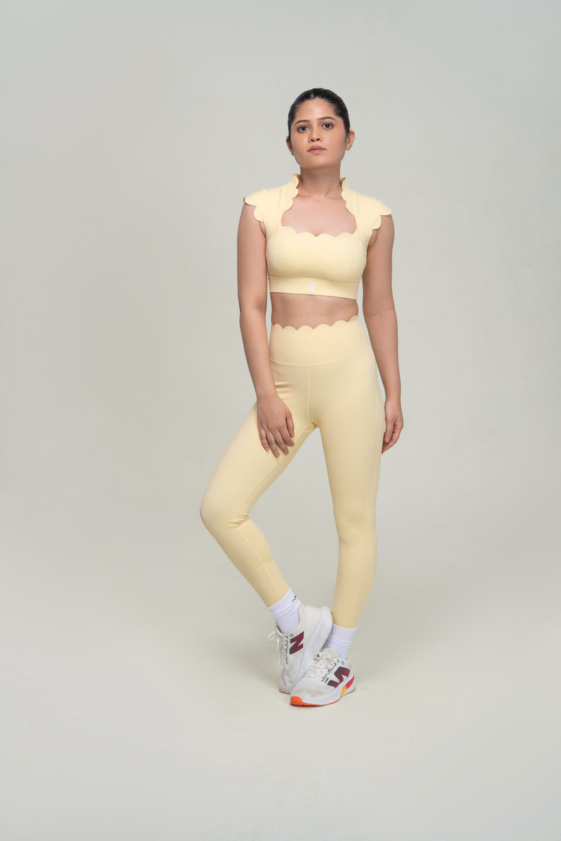 Red Husky Scalloped Yoga Set — Yellow — front — studio