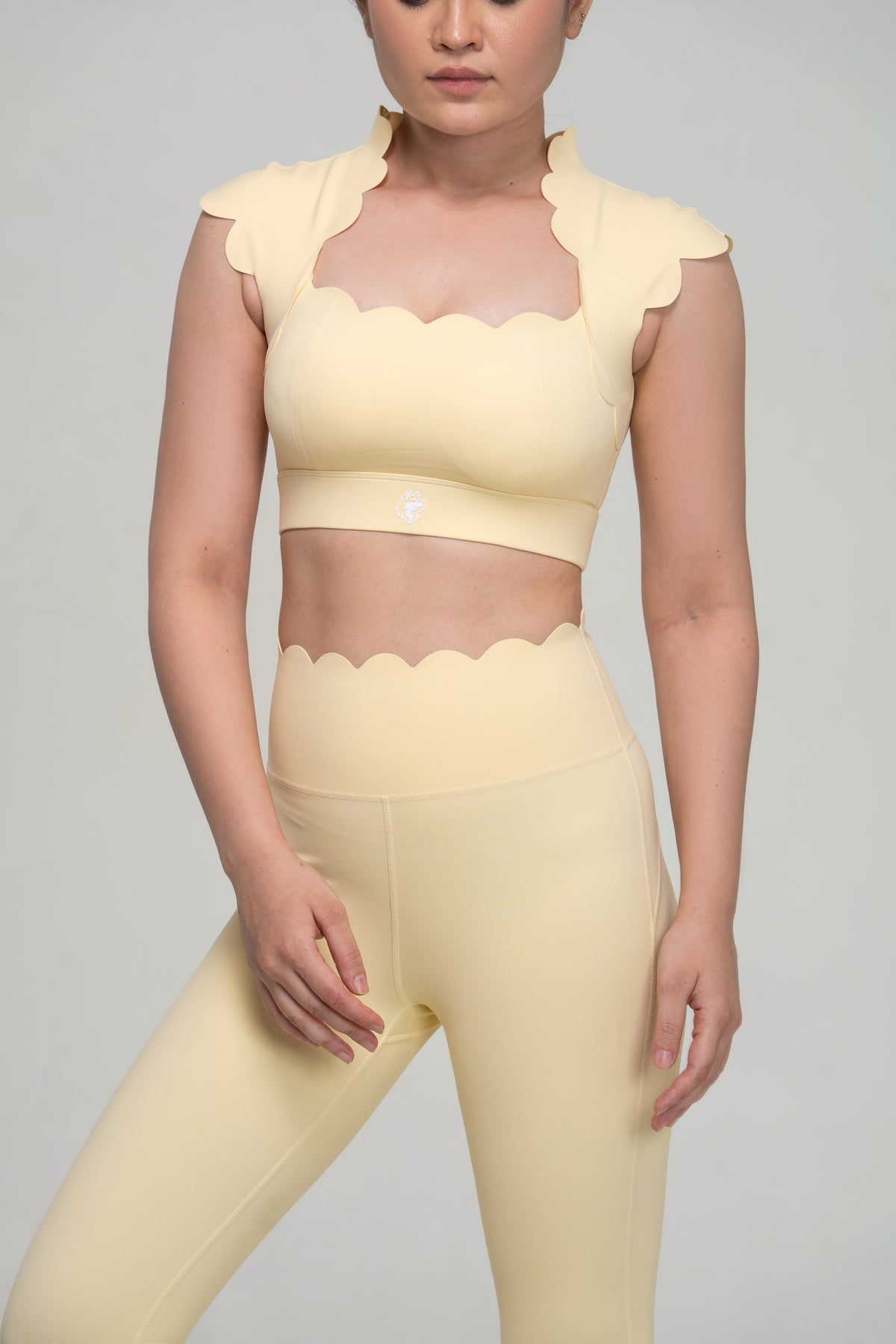 Red Husky Scalloped Yoga Set — Yellow — detail — studio