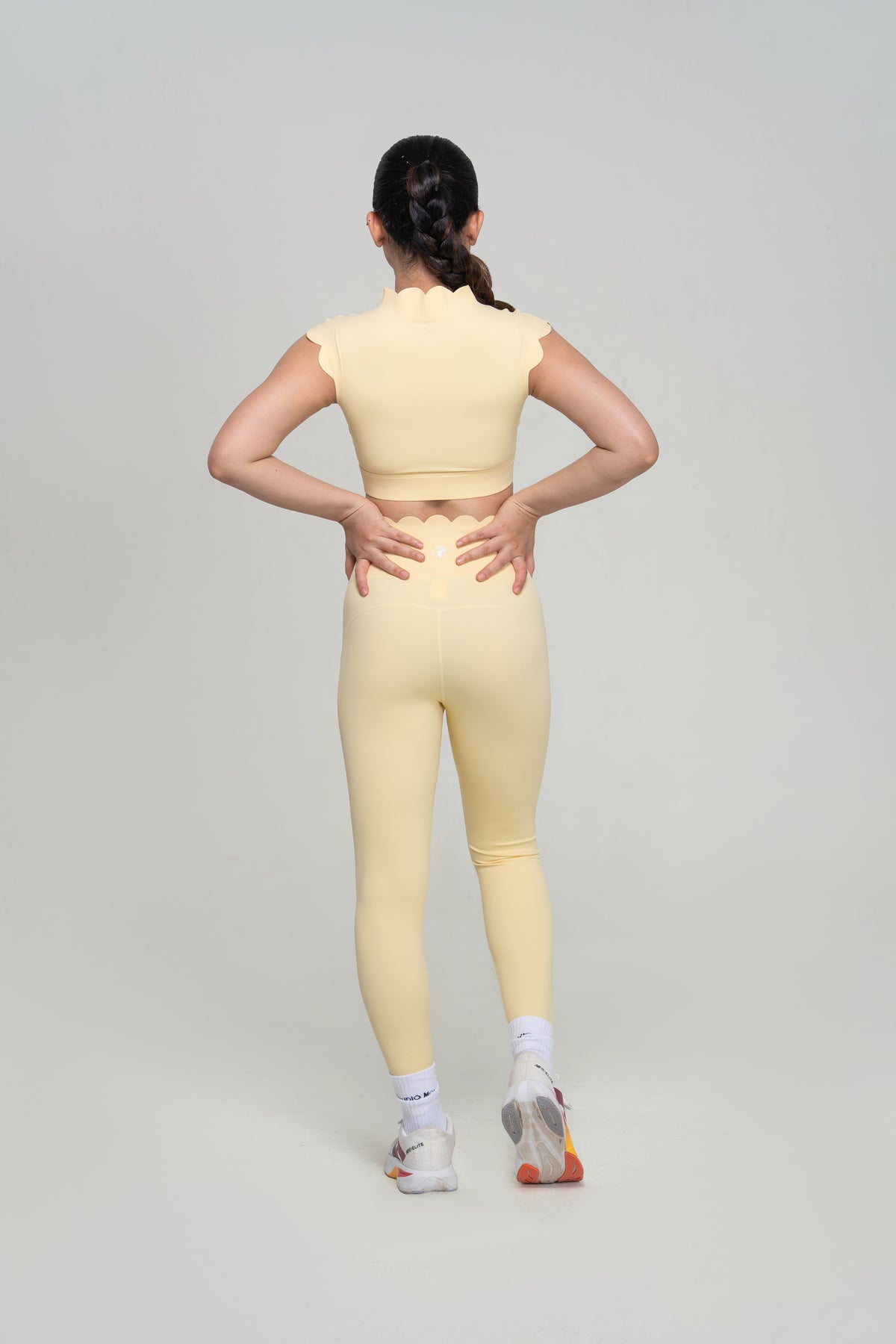 Red Husky Scalloped Yoga Set — Yellow — back — studio