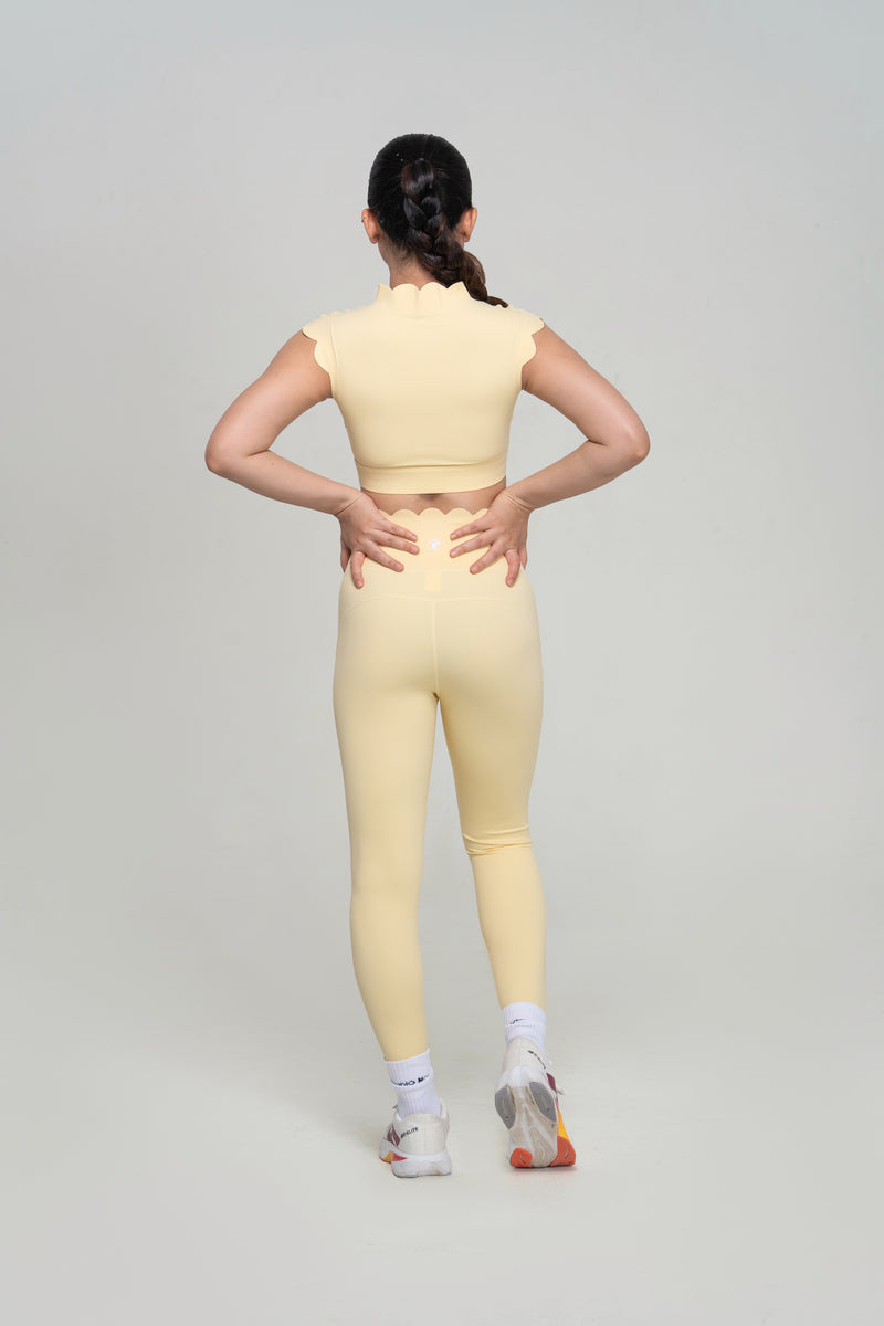 Red Husky Scalloped Yoga Set — Yellow — back — studio
