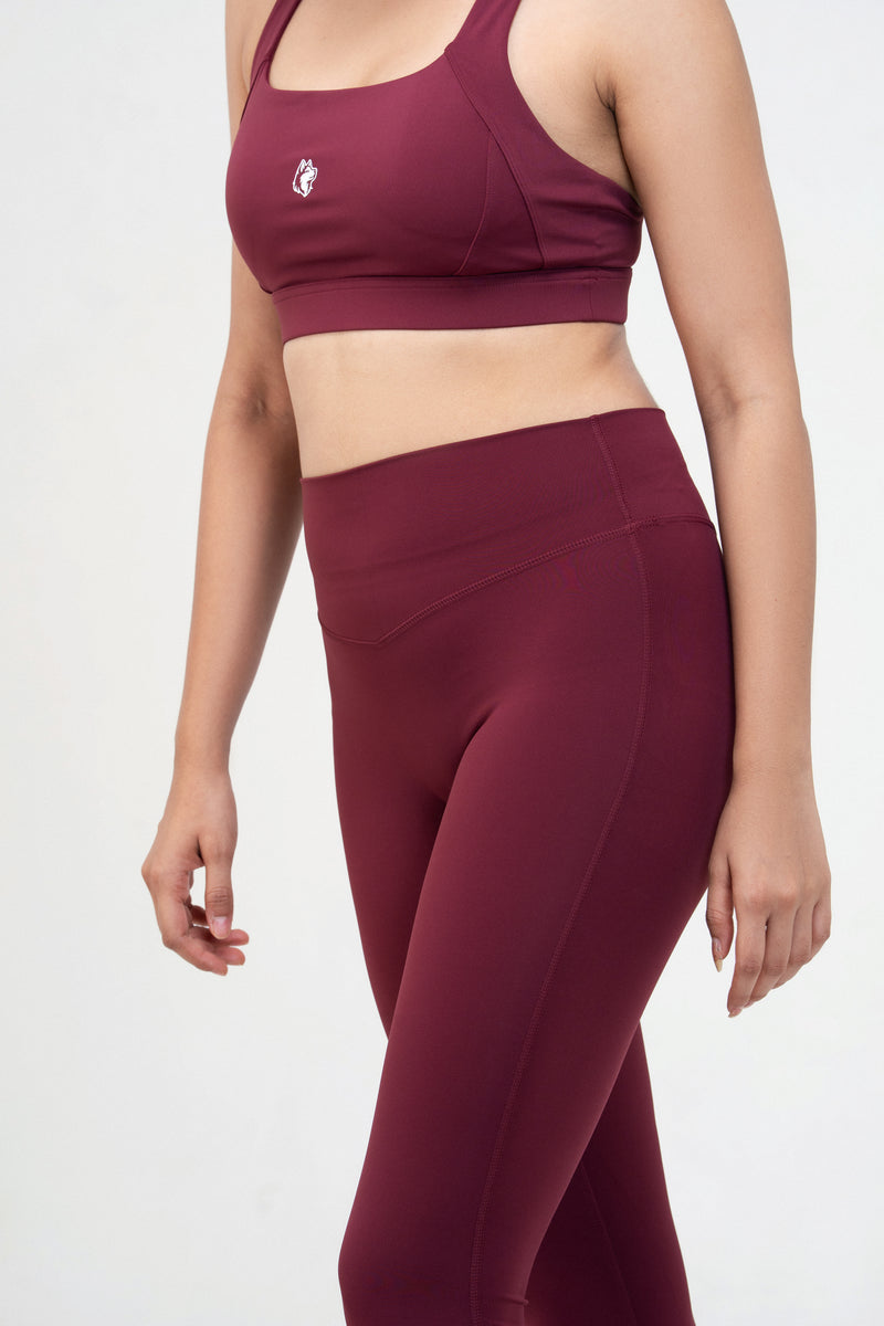 Red Husky Sculpt Sports Bra — Bordeaux Red — detail — studio