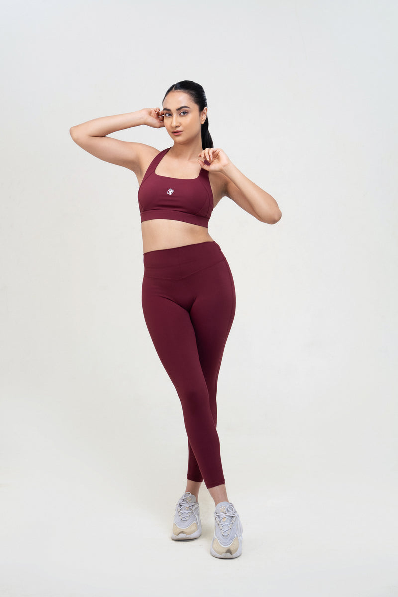 Red Husky Sculpt Sports Bra — Bordeaux Red — lifestyle — studio