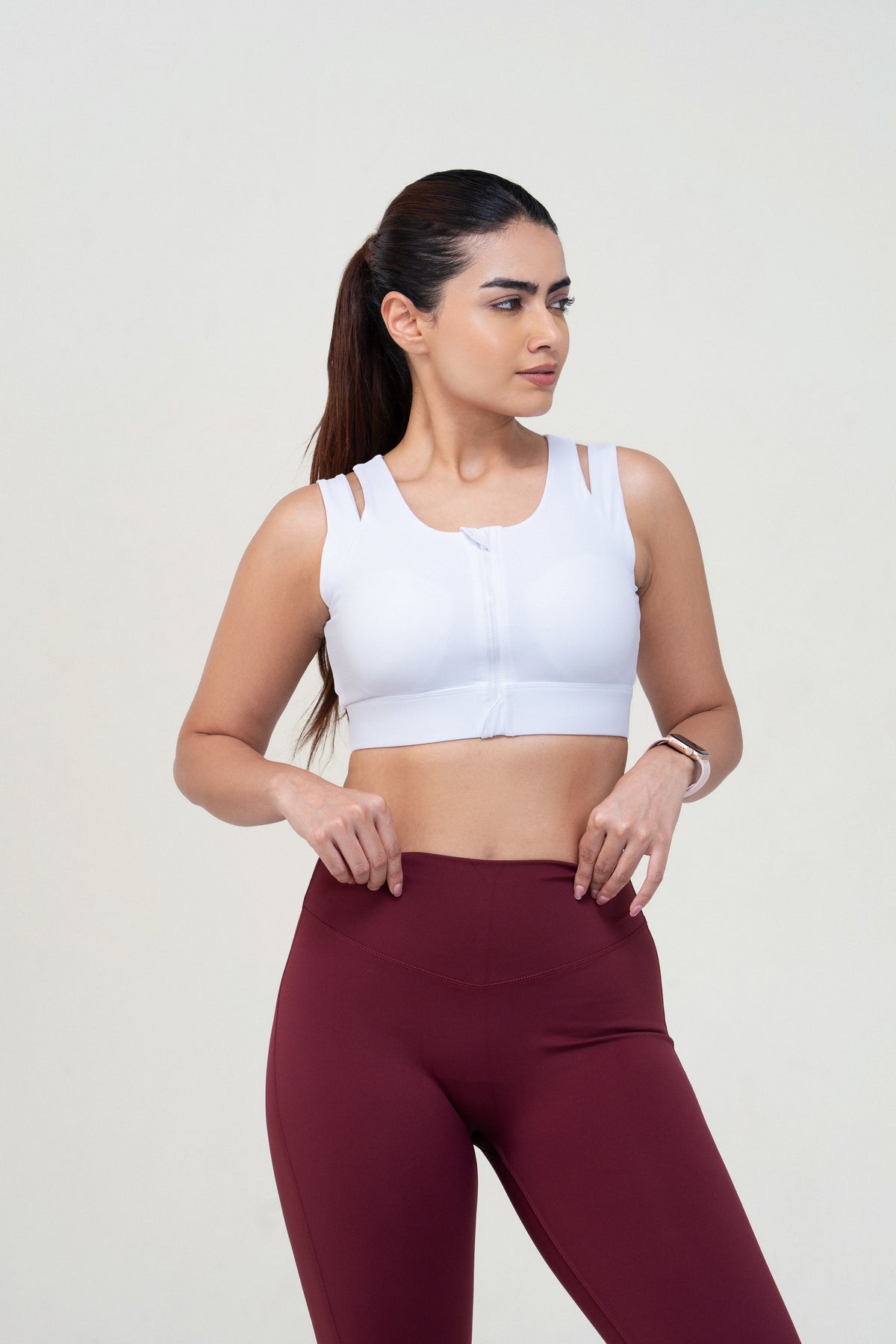 Red Husky Zip Sculpt Sports Bra — White — detail — studio