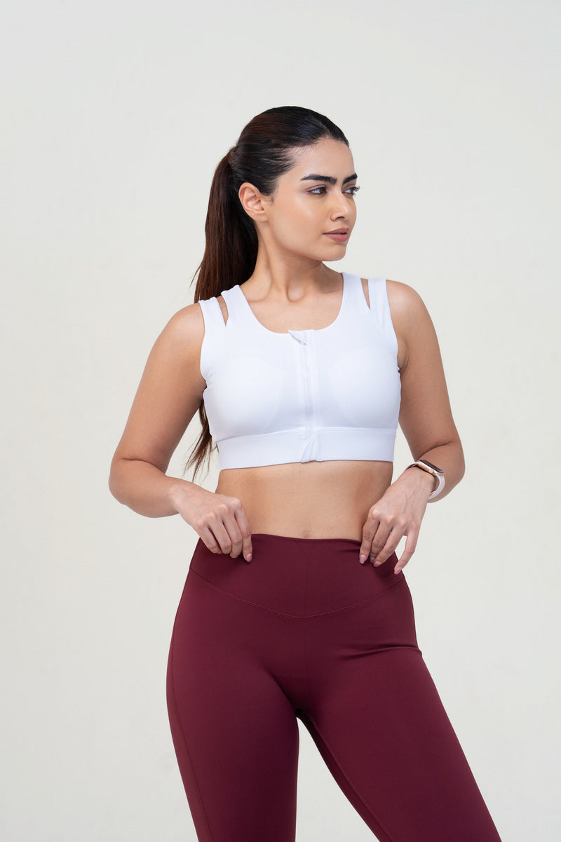 Red Husky Zip Sculpt Sports Bra — White — detail — studio