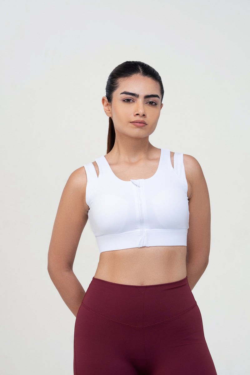 Red Husky Zip Sculpt Sports Bra — White — front — studio
