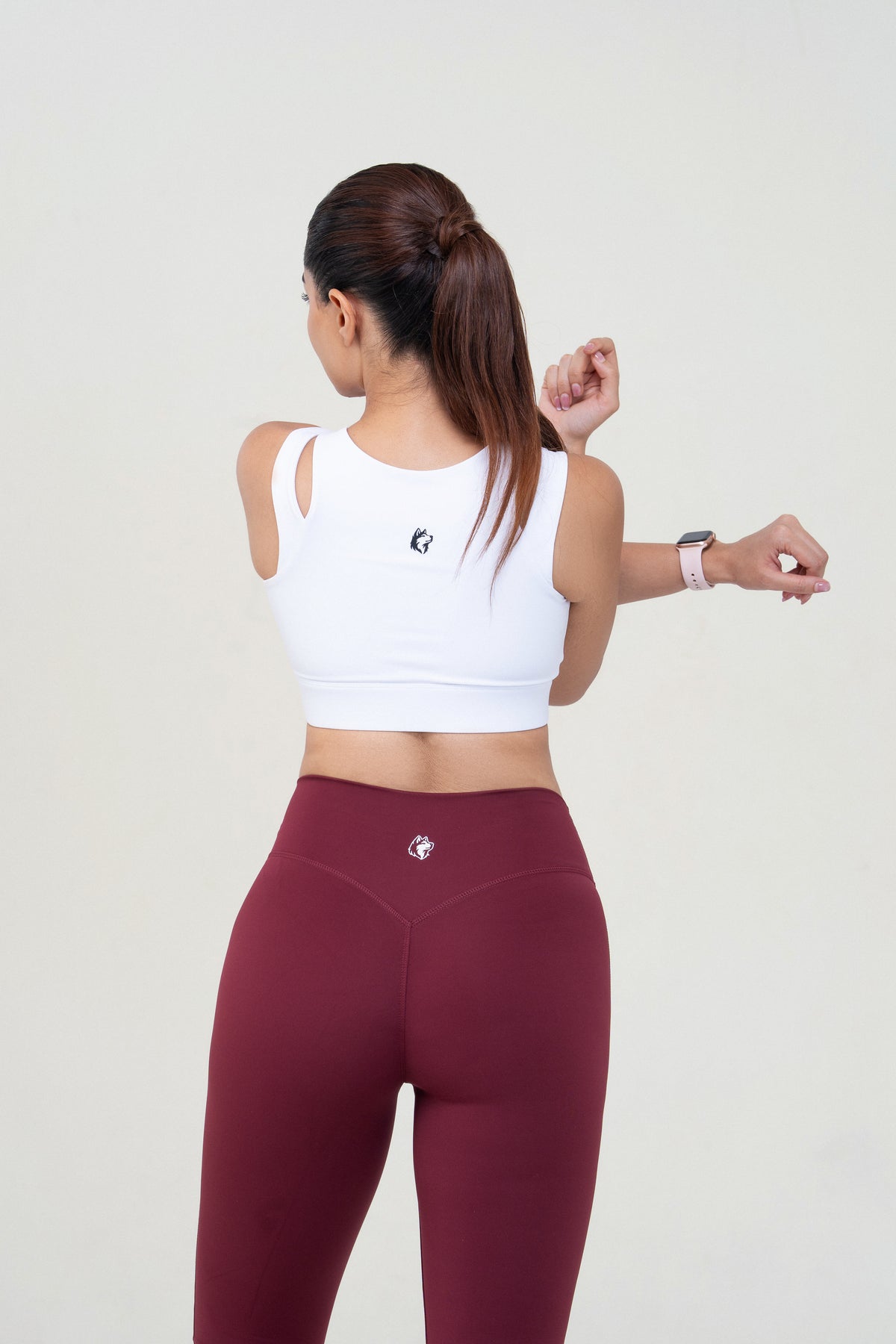Red Husky Zip Sculpt Sports Bra — White — back — studio