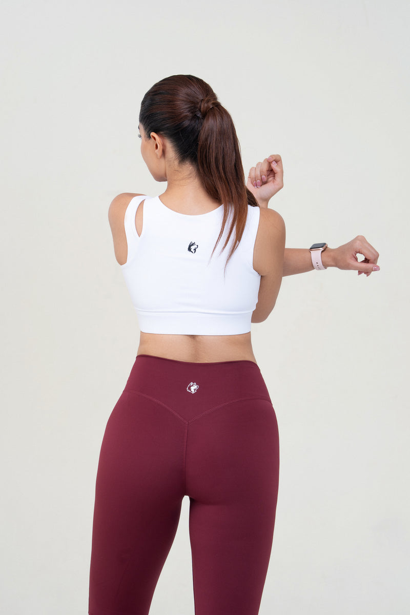 Red Husky Zip Sculpt Sports Bra — White — back — studio