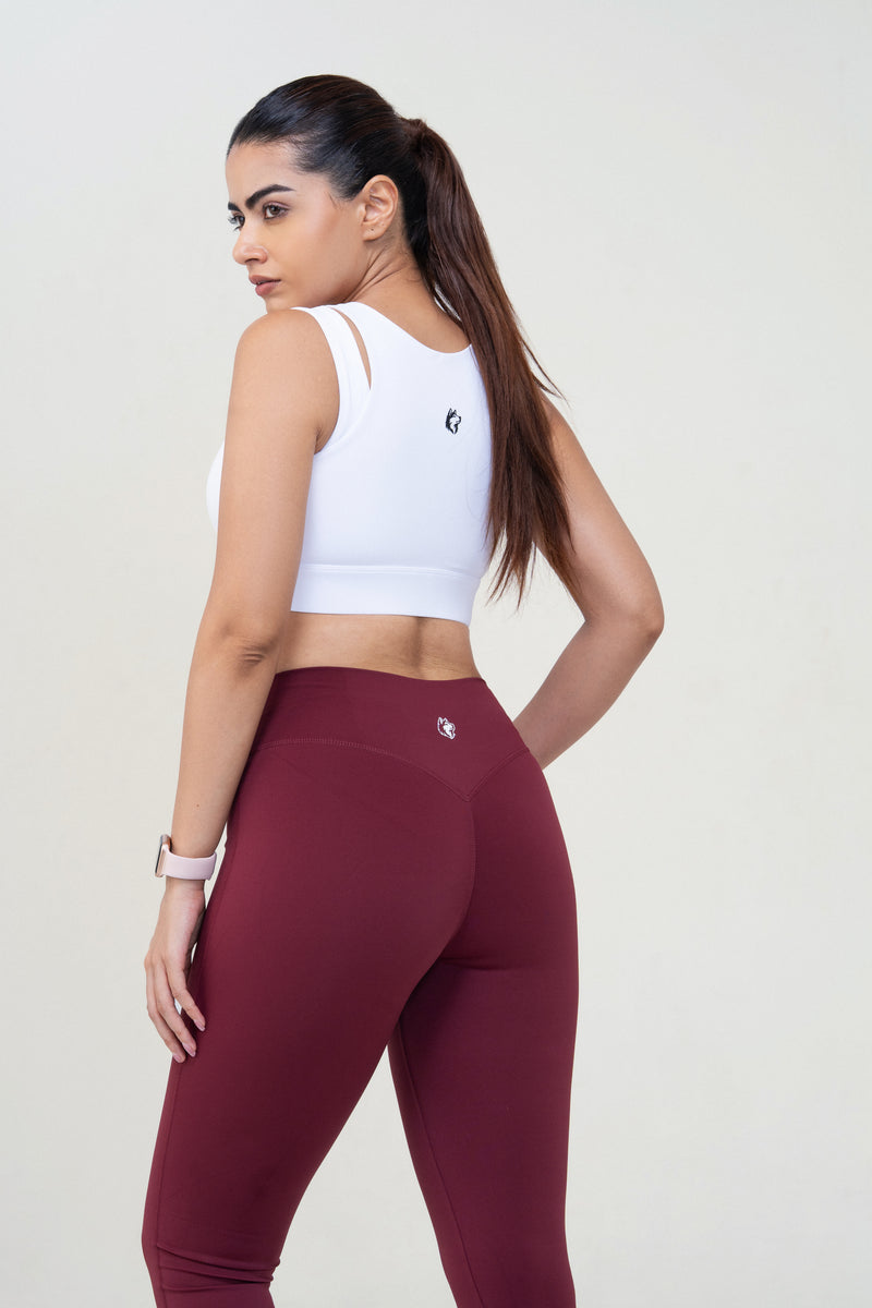 Red Husky Zip Sculpt Sports Bra — White — side — studio