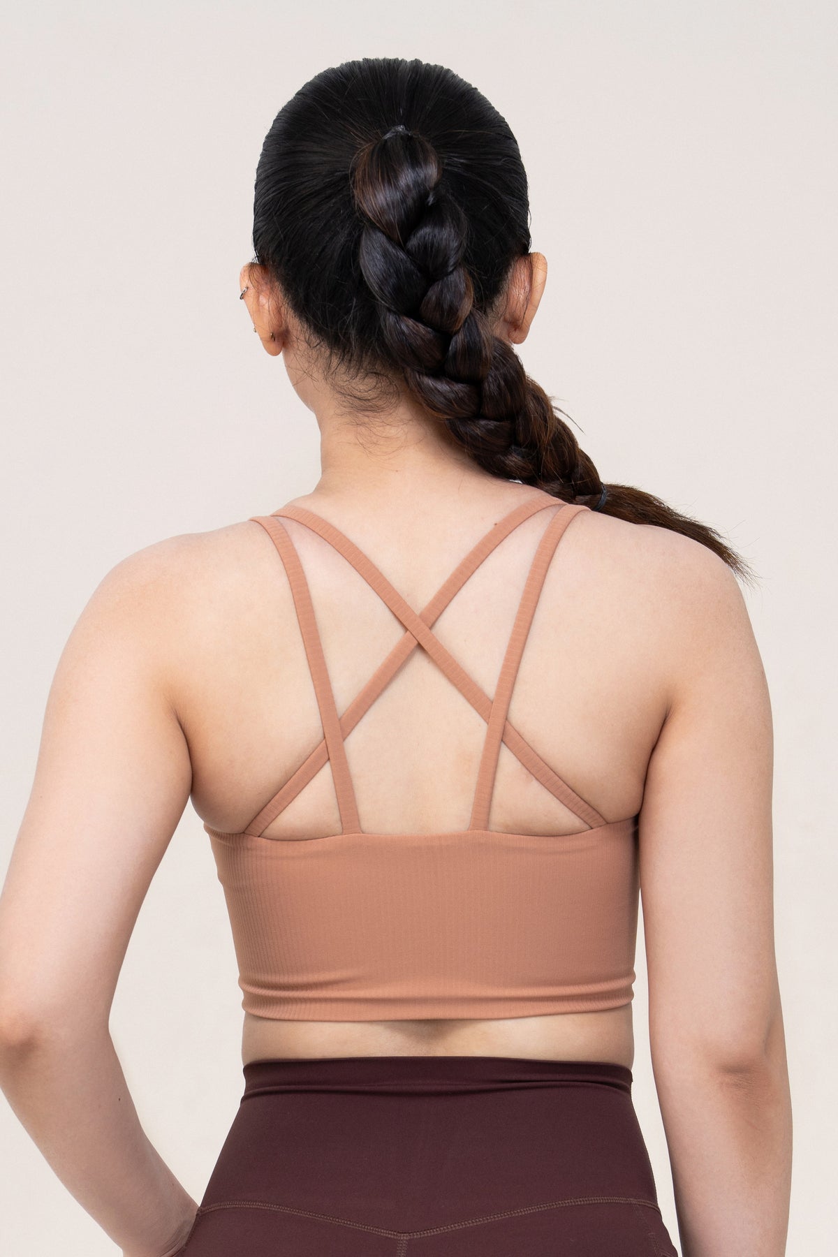 Red Husky Cross Strap Sculpt Sports Bra — Clay — back — studio