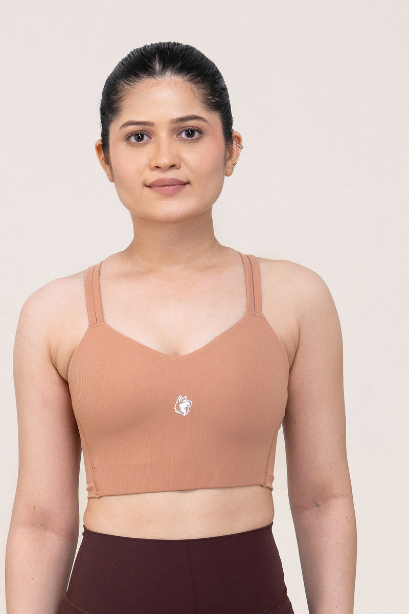 Red Husky Cross Strap Sculpt Sports Bra — Clay — front — studio