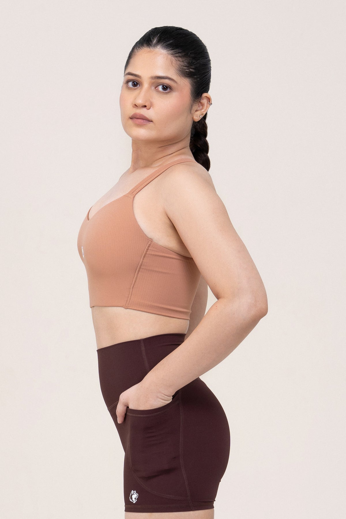 Red Husky Cross Strap Sculpt Sports Bra — Clay — side — studio